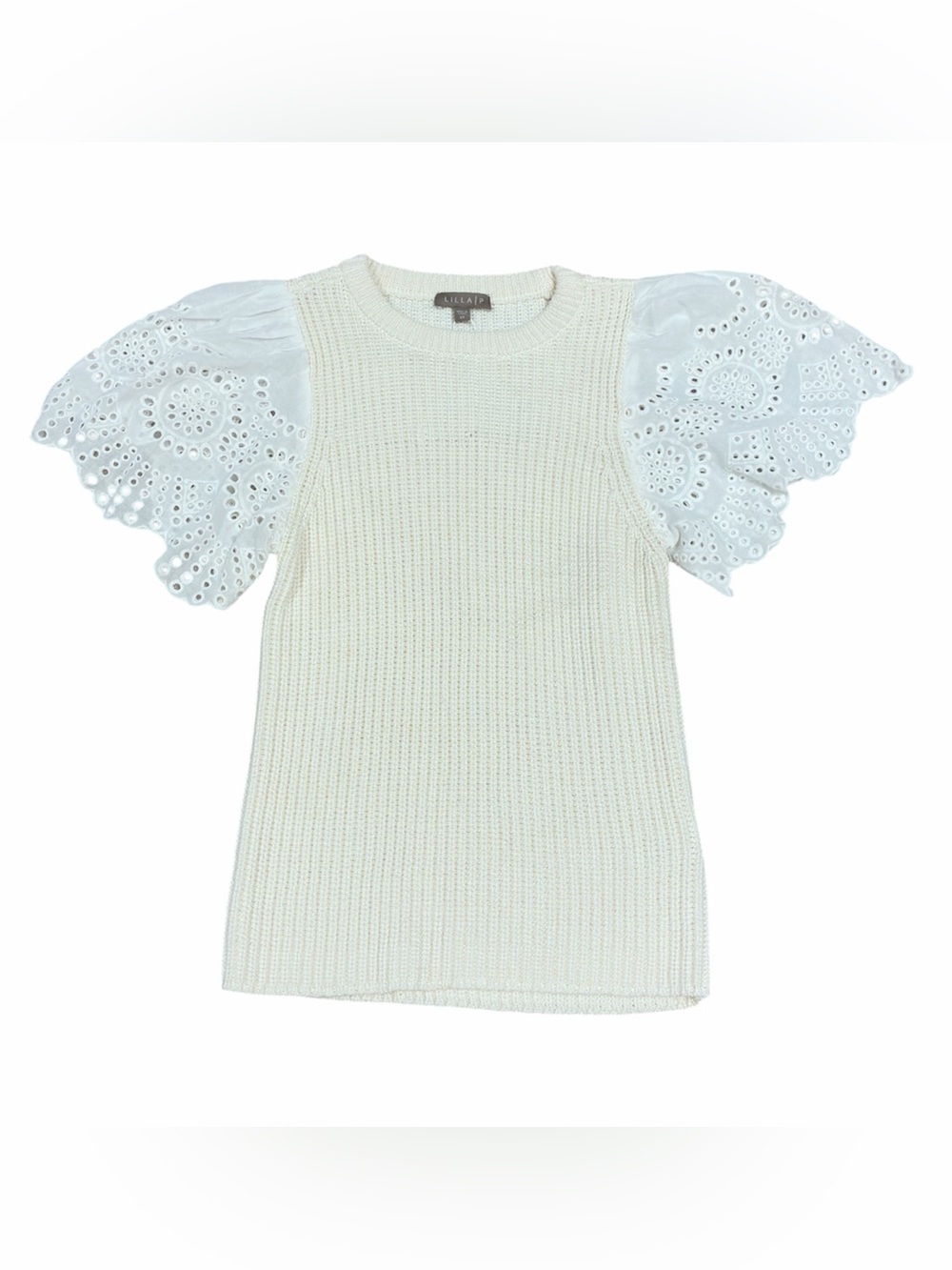 Lilla P Cream Knit Top with Eyelet Puff Sleeves